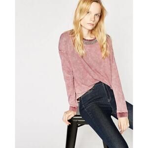 The Kooples Jeweled Embroidery Long Sleeves Sweatshirt Top Marbled Pink Large